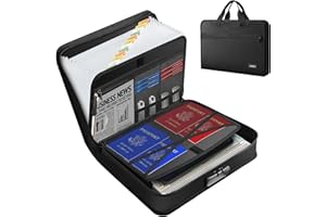 JUNDUN Porte-documents ignifuge avec serrure et poignée, porte-documents A4 avec 13 compartiments et fermeture éclair, porte-documents avec plusieurs poches et étiquettes pour fichiers A4, objets de