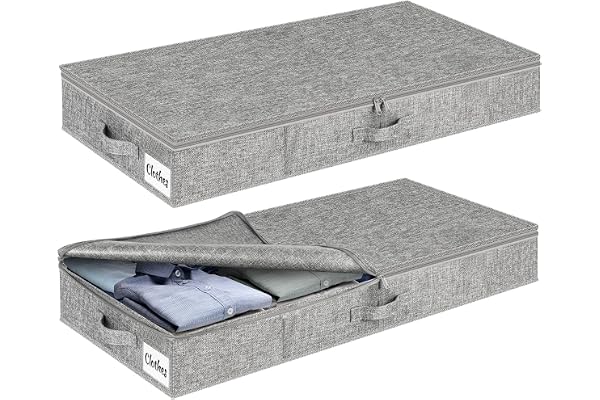 Undersäng förvaringslåda med lock, 12 cm hög, 2 stycken vikbara byråer under sängen, tvättbar klädförvaring och organisation, 3 handtag, blixtlåslock, förvaringslådor för kläder och filtar