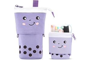 MAMUNU Stand Pencil Case Cartoon Cute Telescopic Pencil Pouch Pen Holder Kawaii Canvas Pencil Holder Cosmetics Makeup Bag for School Students Office Women Girls Boys Teenage Adult (Purple)
