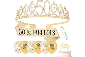 Popuppe 50.Geburtstag Schärpe und Geburtstagskrone,Geburtstag Schärpe Tiara Krone,Geburtstag Cupcake Topper Konfetti Luftballons für 50.Geburtstag Frauen Deko (Gold)