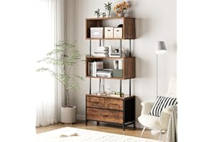 Coleshome Shelves, Book Shelf with 5 Shelves, Bookcase with 3 Fabric Drawers, Shelf Unit Suitable for Bedroom, Office, Living Room, Kitchen, 60 x 24 x 155cm, Vintage Colours