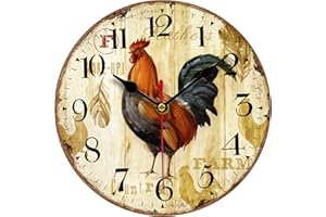 VIKMARI 8 Inch Rustic Rooster Wall Clock - Silent Non-Ticking Quartz Battery Operated Round Clock - Easy to Read Wooden Design for Living Room, Bedroom, Kids Room and Coffee Bar