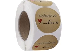 MENGH-SHOP Pegatinas Kraft Etiqueta Adhesiva "Handmade with love" 3.8cm Redondas Etiqueta Autoadhesiva Hechas a Mano Etiquetas Rollo Decoración para Bolsas de Hornear Regalos Caseros 1 Rollo 500 Piezas