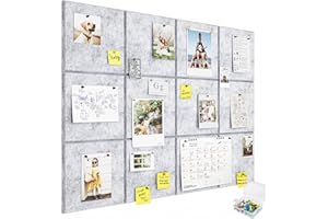 Uoisaiko Large Cork Board 30x30cm 12pcs Felt Wall Tiles with Safe Removable Adhesive Tabs and 60 Push Pins (Light Grey（Flat）)