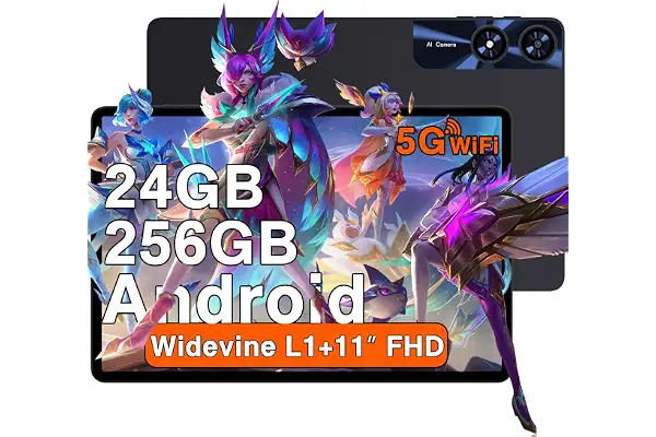 Tablet 11 Pulgadas Android con 24GB RAM + 256GB ROM (2TB TF), Octa-Core 2.0 GHz, Widevine L1, 5G WiFi, Bluetooth 5.0, 8000mAh, 5MP + 13MP, 1280 * 800, Facial ID, Tipo C, AGPS, Tablet con Funda - Black