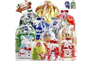 MOKANI Christmas Bags 30Pcs Christmas Drawstring Gift Bags Assorted Sizes Large Medium Small Wrapping Bags 12 Design Goody Bags for Presents with Tags Xmas Gift Bags for Party