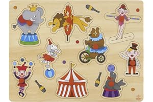 Engelhart - Puzzle da incasso con bottoni in legno - Giocattoli per bambini, di alta qualità e realizzati in legno naturale. Età consigliata: +2 (Un circo)