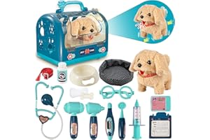 STAY GENT 17Pcs Kit Veterinaire Enfant avec Chien Peluche, Cage & Stéthoscope, Électrique Interactif Chien avec Laisse Marche et Aboie, Malette Docteur Rôle Cadeaux pour Enfant de 3 à 8 Ans