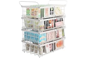 UMDONX 4 Pack Expandable Chest Freezer Basket Organiser Storage Boxes with Foldable Handle, Stackable Wire Containers Kitchen Pantry Shelf Rack, Durable Metal White Load 25KG
