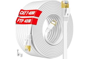 IKBC Kabel Ethernet 40m Cat 7, Płaski Kabel Internetowy 40m Szybki RJ45 Kabel Sieciowy Wewnętrzny Zewnątrz, Długi Ekranowany Kabel LAN 10Gbps 600MHz FTP, Biały Kabel Gigabitowy do Routera Xbox (40 klipy)