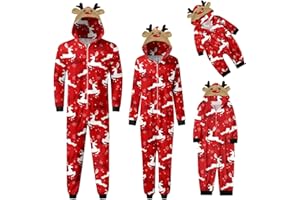 VIUNYCHN Weihnachten Schlafanzug Familie mit Reißverschluss Einteiler Nachtwäsche Kapuze Overall Hausanzug Kuschelig Eltern Kind Hausanzug Christmas Elchdruck Pyjamas Set Weihnachtsschlafanzüge @1
