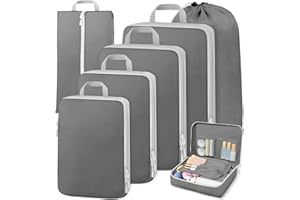 7-częściowy zestaw organizerów do walizek Otauoaea, rozszerzalny zestaw organizerów podróżnych, kompresja kostek do pakowania plecaka i walizki, kostki do pakowania ubrań, butów i bielizny, szary