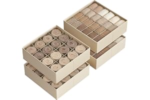 SONGMICS Juego de 4 Organizadores de Cajones, 80 Compartimentos (2x16+2x24), Cajas Plegables para Armario, 30 x 30 x 10 cm, para Calcetines, Ropa Interior, Corbatas, Beige Arena RUS011K01