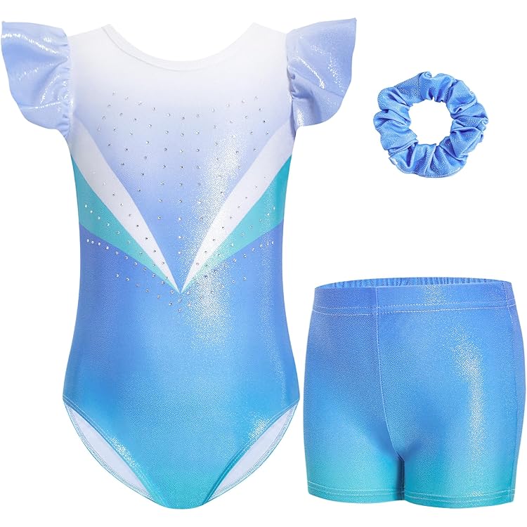 Artistiek gymnastiekpak voor meisjes, lange mouwen en mouwloos gymnastiekpak met kleurverloop, shorts en haarband, atletische body voor kinderen van 5 tot 14 jaar, B116 Blauw, TAG 12A(11-12 anni