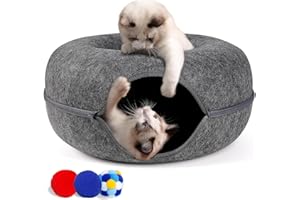 Cherie Bear Cozy Cat Tunnel Bed with 3 Balls, Interactive Felt Cave Bed for Large Cats & Kittens