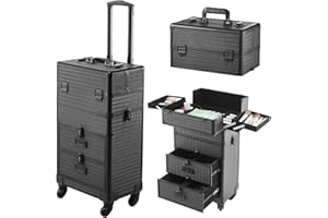 BTGGG 4 in1 Kosmetikkoffer Trolley mit Schublade Professionell Make Up Koffer Friseurkoffer mit Rollen Abschließbar Schminkkoffer Damen Nägel Koffer für Reise, Friseure, Visagisten Schwarz
