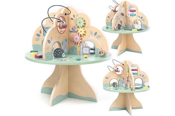 mamabrum Table d'apprentissage en Bois, Arbre Multifonctionnel avec Boucle de Moteur, Trieur Formes, Abaque, Horloge - Jouet Éducatif 12m+ pour Développement Sensoriel