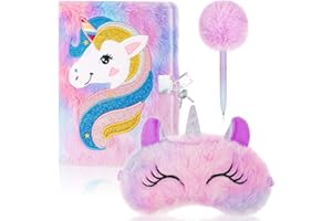 Fanshiontide Cadeaux Licorne pour Fille, Ensemble de carnet de Notes Licorne, Journal Intime avec Serrure, Stylo Licorne et Masque de Sommeil Licorne en Peluche