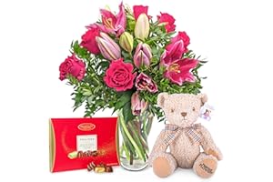PRESTIGEFLOWERS Roses et lys - fleurs - bouquet frais - fleurs d'anniversaire - fleurs du lendemain - fleurs d'anniversaire - Bouquet de fleurs - Fraiches a livrer (rose et lys avec chocolats et ours)