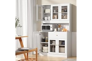 VOWNER Credenza Alta per Cucina, Mobile Buffet, Mobile Dispensa con 6 Armadietti, Mobile Cucina Dispensa, Armadio Dispensa, 6 Ante e 4 Ripiani Regolabili, 100L x 40 x 181H cm, per Microonde, Bianco