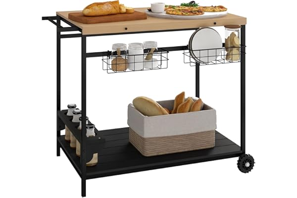 Outsunny Desserte de Jardin Chariot pour plancha Barbecue en Bois et métal avec poignée 2 Plateaux 2 paniers et Porte-Bouteilles dim. 97,5L x 65l x 81H cm Naturel et Noir