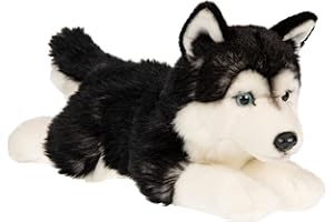 Uni-Toys - Husky negro tumbado - 41 cm (longitud) - Perro de peluche - peluche