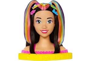 Barbie Totally Hair Głowa do stylizacji Neonowa tęcza Czarne włosy + akcesoria do robienia fryzur i dodatki z funkcją Color Reveal, HMD81