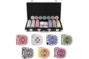 HOMASIS Juego de póquer con fichas láser, Estuche de póquer con 2 mazos de Cartas, 5 Dados, 1 botón de crupier, Juego de póquer con Cerradura, Cartas de póquer para Fiestas (Negro, 300 fichas láser)