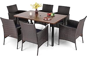 MFSTUDIO Garden Table and Chairs Set 7 Piece, Rectangular Dining Table in Teak Color and 6 Rattan Chairs with Navy Blue Cushion, Patio Dining Set with Adjustable Umbrella Hole, Black and Brown