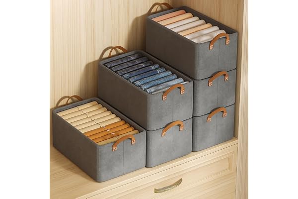 JD FRESH 6 Pcs of Large Foldable Storage Box and Organiser with Metal Frame/Woven Fabric Clothes Organizer with Handle/Wardrobe Organizer for Storage/Almirah Organiser for Shirts/Jeans/Sweater (Grey)
