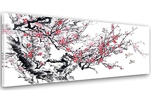 FEEBY FRAMES Feeby Cuadro En Lienzo Árbol Rama Flores 150x60 cm 1 Pieza Modernos Impresión Artística Calidad Fotografica Imagen Decoración de Pared Salon Dormitorio Cocina Oficina Pasillo Pájaros Rojo Negro