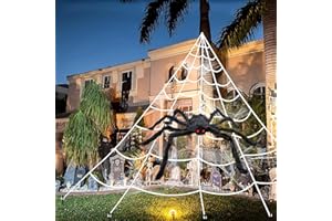 TUKEOO Halloween Decorations Spider Web, 50'' Giant Halloween Spider 200'' Triangular Web with 5 Ground Stakes 1 Gutter Hook, Halloween Decor Set for Indoor Outdoor Garden Spooky Halloween Party Decorations