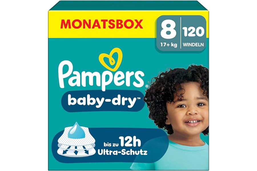 Pampers Baby-Dry Größe 8, 120 Windeln, 17kg+ | Bis zu 100% Auslaufschutz & Komfort die ganze Nacht