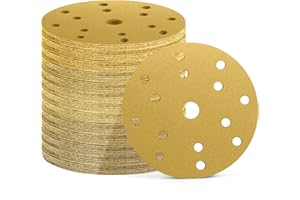 Pfloge® 50Pz Dischi Abrasivi 150mm, 15 Fori, 10 pezzi Grana 60/80/120/180/400, Carta Vetrata per Legno, Levigatrice (oro(P60/P80/P120/P180/P320))