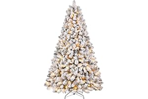 Shareconn 229 cm Árbol de Navidad Artificial Preiluminado, Árbol de Navidad Cubierto de Nieve con Base Metálica Plegable, Luces LED Premium 470, 12 Modos de Luz, Decoraciones Navideñas
