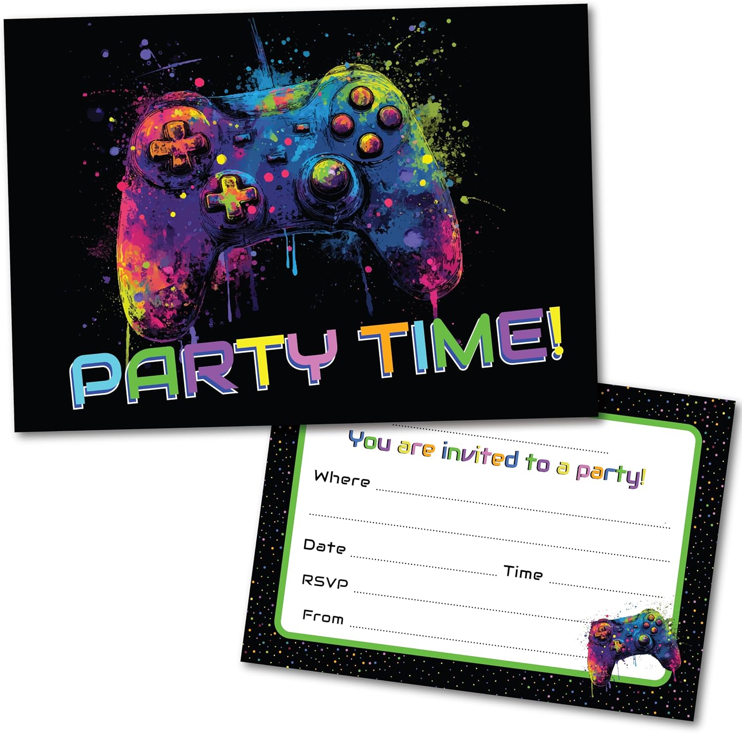 PartiKraft (Pack of 15) Bright Gamer Gaming Controller Birthday Party Invitations - Made in the UK (Invitations Only - No Envelopes)