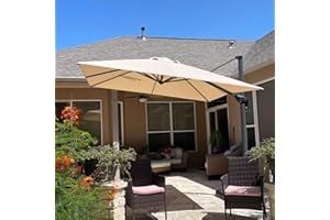 PURPLE LEAF Parasol Déporté 2,5 × 2,5 m Carré avec Base Croisée, Parasol de Jardin Extérieur 240g/m² Haute Protection UV avec Manivelle, Inclinable et Rotatif 360° pour Balcon Terrasse Patio, Beige