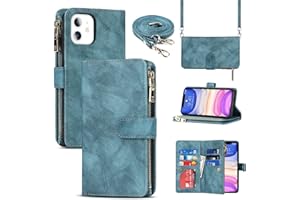 CAVOR Copmob Handykette iPhone 11 Hülle Mit Band,Handyhülle iPhone 11,Flip Leder Geldbörse Hülle,[9 Kartenfach][Magnetverschluss],Klapphülle Schutzhülle für iPhone 11 - Hellblau