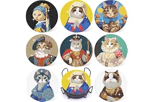 MRNSIET 8 Pcs Cat Diamond Painting Coasters Kits for Adults, Cat Diamond Art Coasters Kits with Holder, Full Drill Rhinestone Painting Kits for Adults,Gem Painting Art Craft Kits for Supplies Gift.