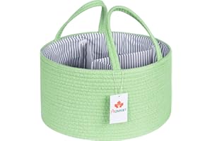 AUNHUIT Baby Nappy Caddy Organiser Green Large Baby Diaper Caddy Organizer Boy Girl Cotton Rope Basket with Removable Inserts Round Hanging Nursery Storage Portable Tote Bag Newborn Shower Gift Basket
