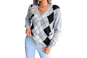 acsefire Women's Preppy Argyle Plaid Pullover Casual Long Sleeve V-Neck Kintted Pullover Kintwear