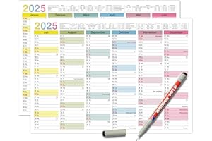 TOBJA Zmywalny kalendarz ścienny 2025, A4 - "Kolorowy" planer roczny 2025, zmywalny, w zestawie długopis. Kalendarz tablicowy 2025, wytrzymały kalendarz A4 (zmywalny + 1 długopis)