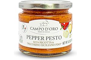 CAMPO D'ORO | PESTO PEPERONI CON RICOTTA E “PECORINO SICILIANO DOP” 180 GR | Specialità siciliane per ricette, sugo pronto siciliano con Peperoni Siciliani,ricotta e Pecorino .100% Made in Italy