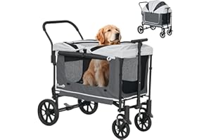 PawHut 2 in 1 Hundewagen Hundebuggy klappbar für Hunde & Katzen bis 30 kg Bollerwagen mit Kissen Netzfenstern 2 Türen Aufbewahrungstasche Katzenwagen Buggy Dunkelgrau