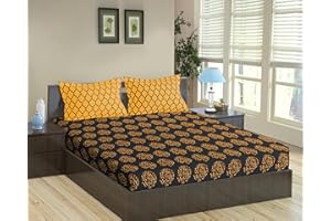 Trance Home Linen 200TC 100% Cotton 78"X72" Standard King Size Elastic Fitted Bedsheet Printed King Bed Size Elasticated Fitted Bedspread with 2 Pillow Covers (King,Damask&Dori-Warm Grey Mustard)