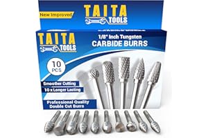 TAITATOOLS 10PC Double Cut Carbide Burr Set - 0.118" (3mm) Shank, Rotary Tool Cutting Burrs - Dremel Accessories, Fordom, Flex Shaft, Dewalt And Die Grinders - For Wood Carving, Metal Working And Engraving.