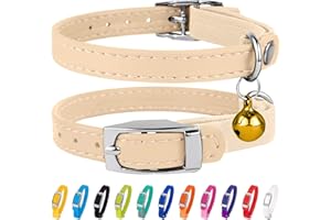 CollarDirect Collier pour Chat en Cuir, Collier de Sécurité avec Sangle Elastique, Collier pour Chaton avec Cloche Noir Bleu Rouge Orange Vert Lime (Beige, 15-18 cm)