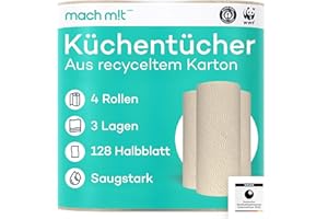 ‎MACH MIT WEPA 4 x Küchenrolle 3-lagig - 128 Halbblatt pro Rolle – frei von Bleichmitteln – Made in Germany - aus recyceltem Karton – extra saugstark & umweltschonend - recycelbar – Küchenpapier - mach m!t PURE