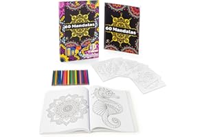 YC YoCreo Kit Mandala da Colorare Adulti - Libro con 60 Mandala + 24 Matite Colorate + 6 Stencil Mandala