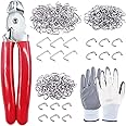 Keadic K879 242 Pcs 3/4 inch 1/2 inch 3/8 inch Galvanized Hog Rings with Straight Hog Ring Pliers, Professional Upholstery Installation Kit with Protective Gloves, Bungee Shock, Meat & Sausage Casings
